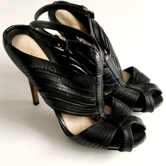 L.A.M.B  Black Leather Strappy Ankle Caged Heels Sandals 7.5 - Picture 1 of 11